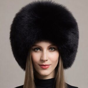 Elegant Black Genuine Fox Fur Hat